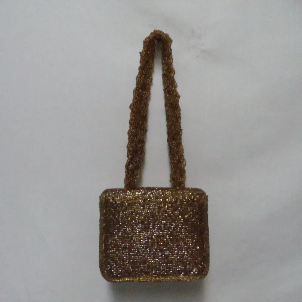 Vintage gold Beaded Box handbag purse small Beaded strap w/ Mirror Occasion
